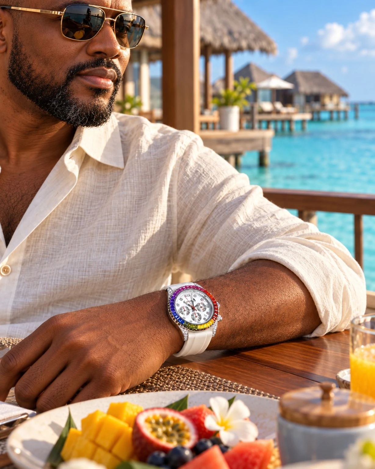 White strap watch at an oceanfront resort