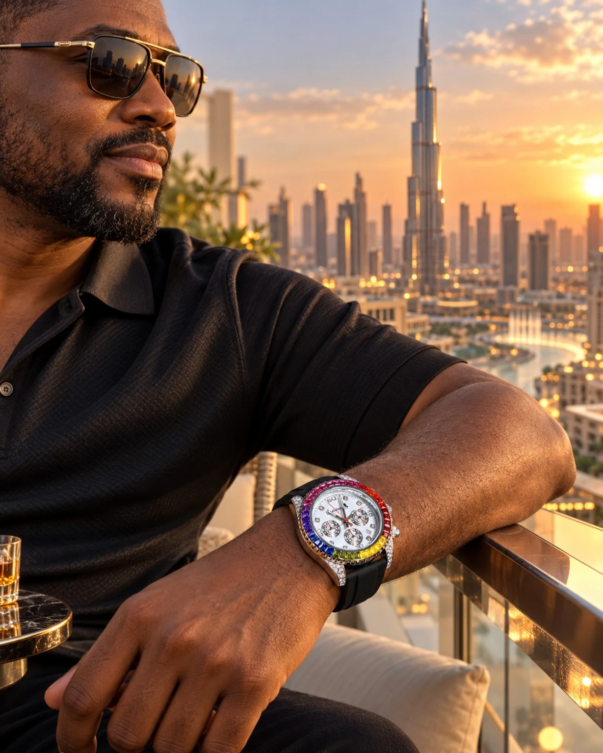 Black strap Spectrum Chrono overlooking the Dubai skyline
