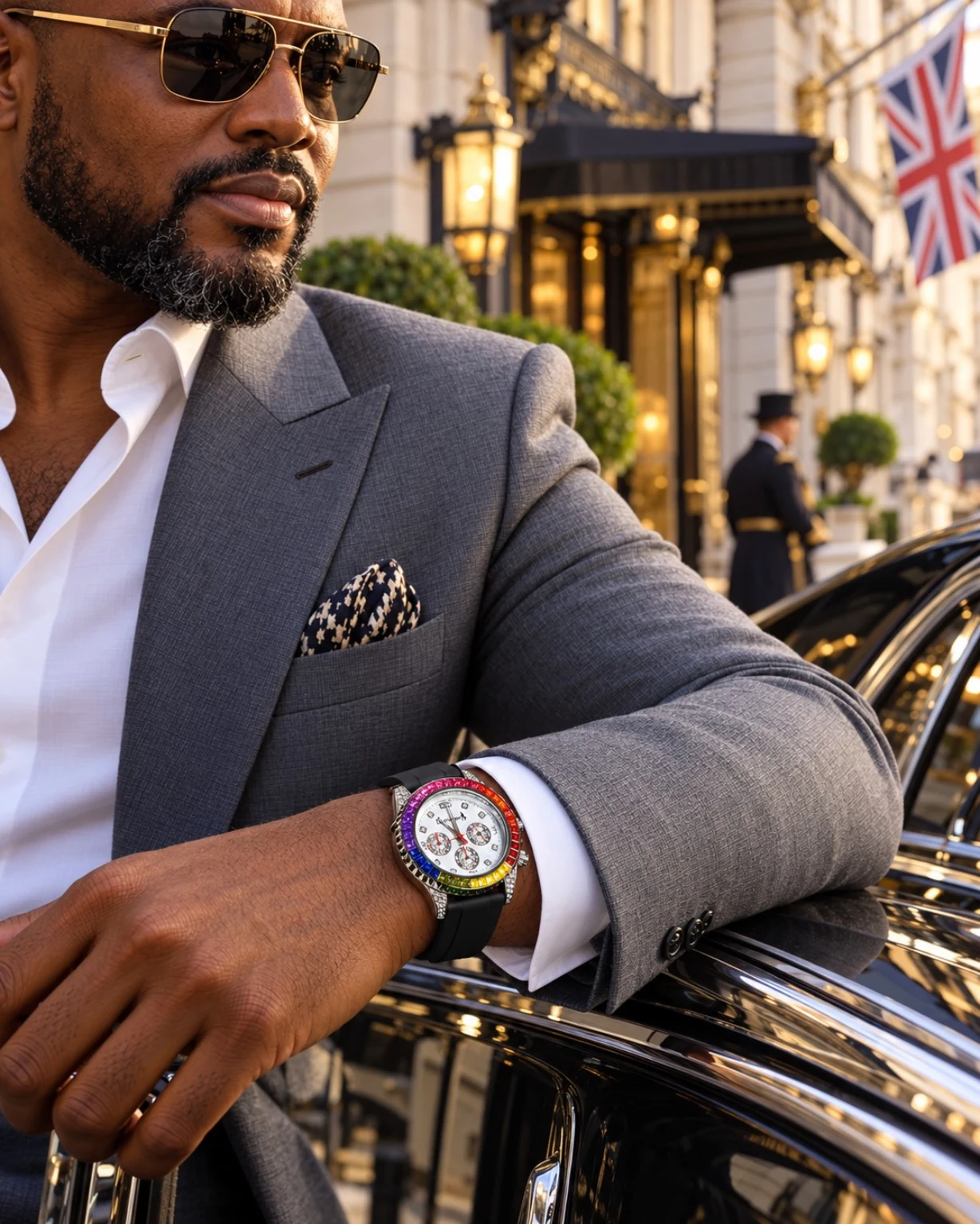 Spectrum Chrono with a suit outside a London hotel