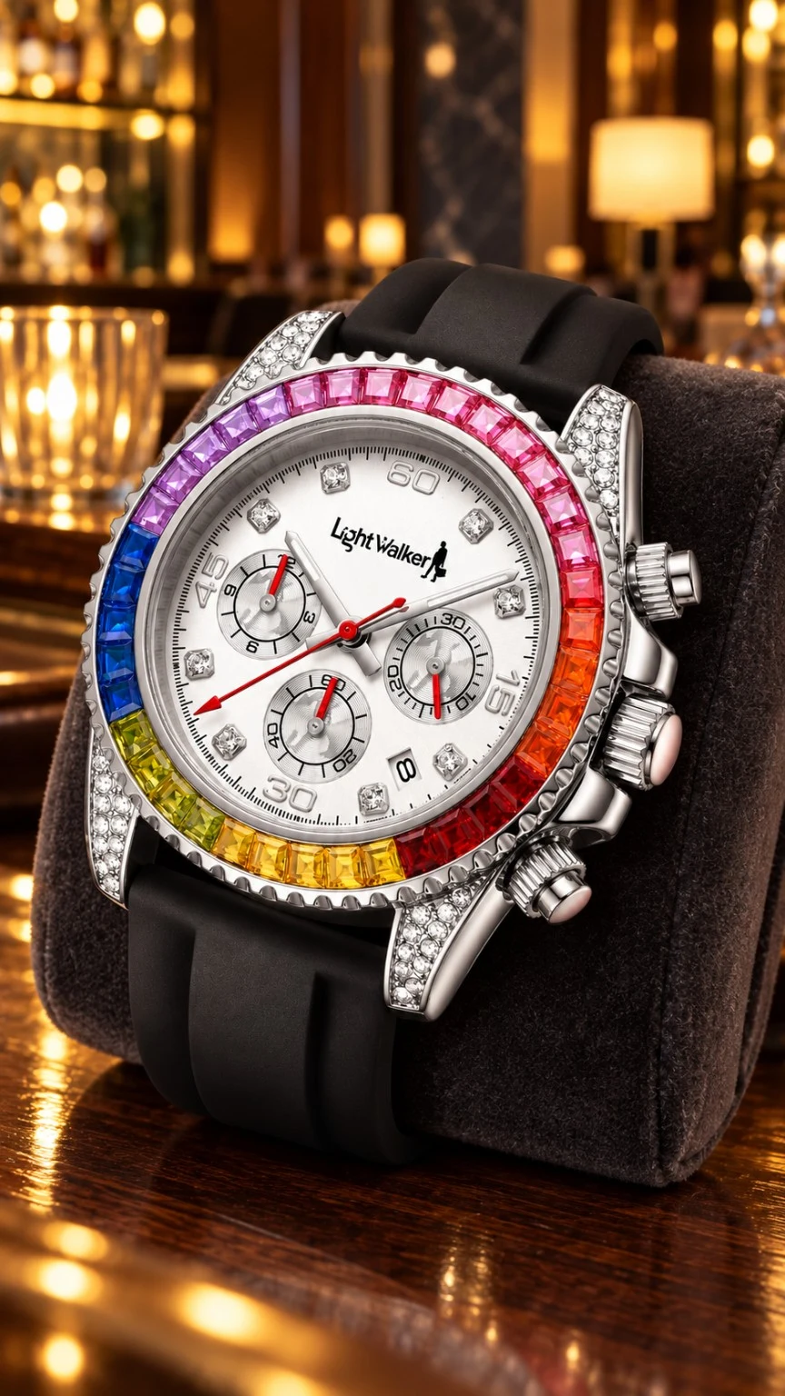 Black silicone Spectrum Chrono on a display cushion in a warm lounge