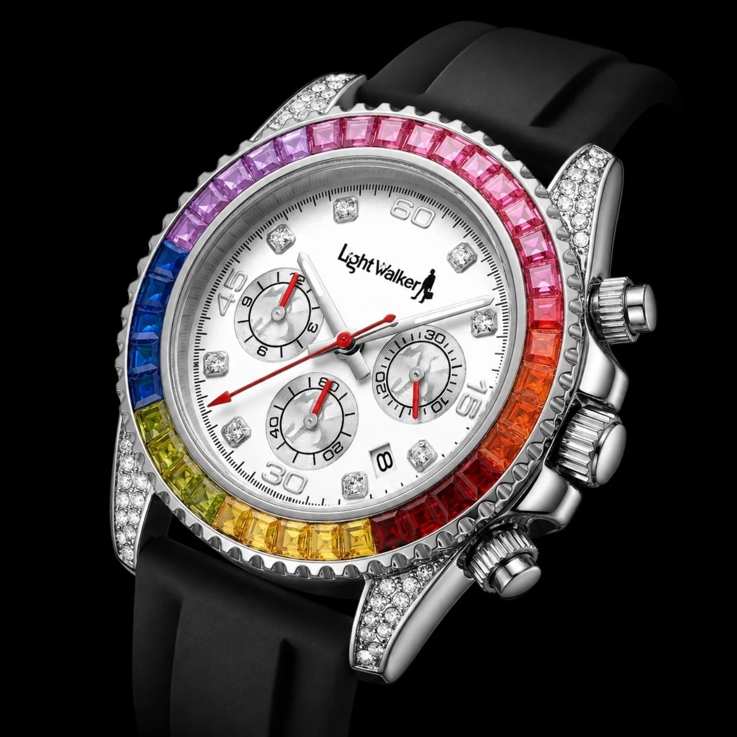 Lightwalker Spectrum Chrono rainbow bezel and black silicone strap